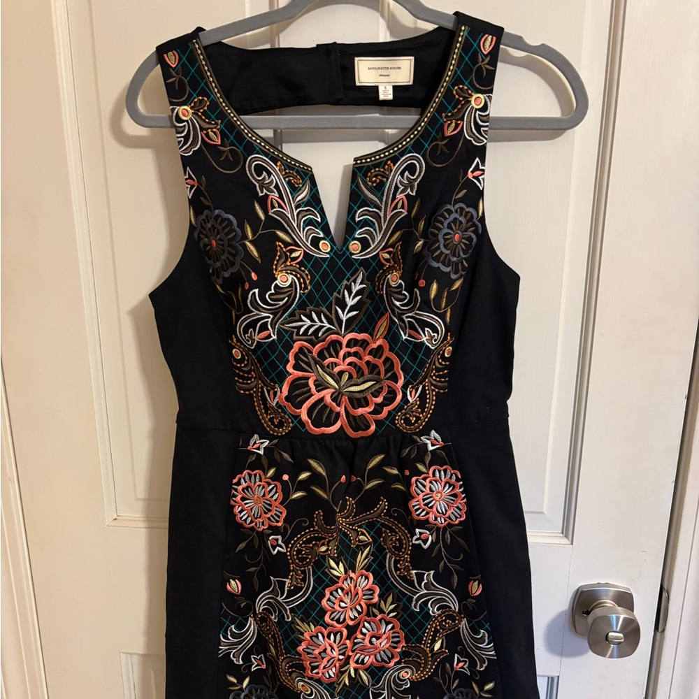 (SEA) Moulinette Soeurs Black Midi Dress with Coral, Teal & Gold Embroidery